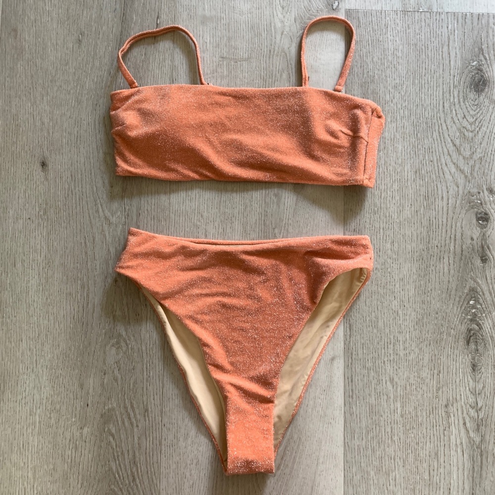 Berlook Orange Glitter Metallic Bandeau High Waisted Bikini Set Two Piece Swim